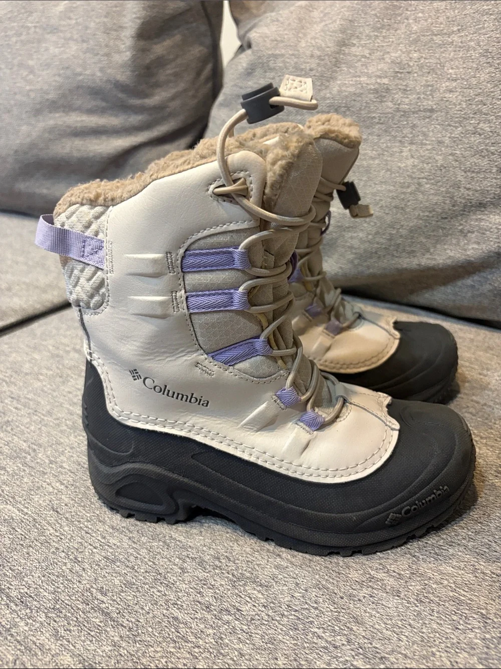 Columbia Kids Snow Boots in Light Gray, Black & Lavender